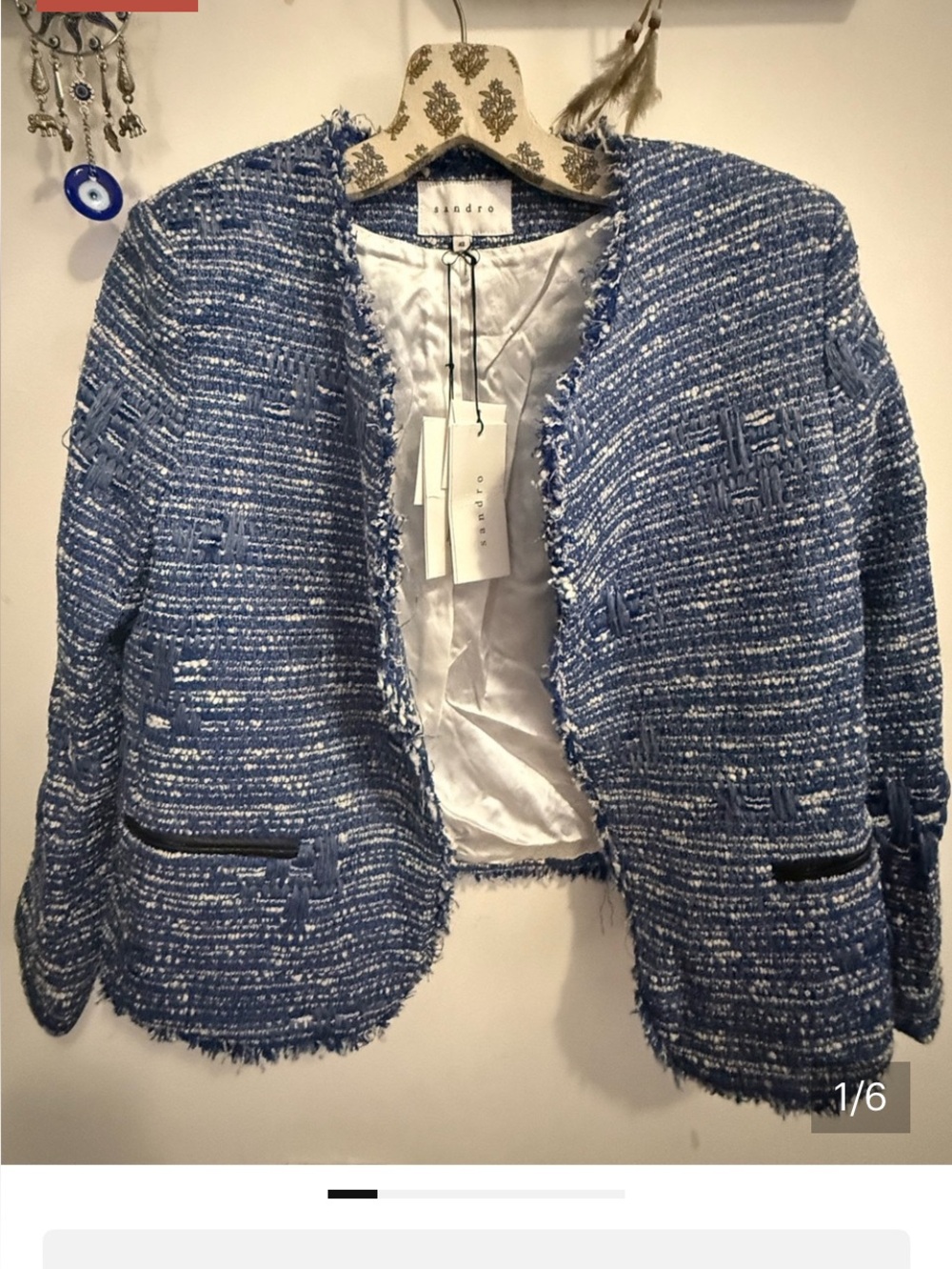 Sandro E12 Virevolte Blue Tweed Fringe Jacket Size 42 NWT $480
